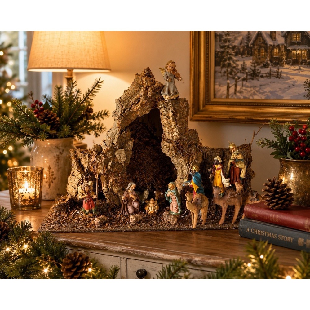 Wood‎ Bark Nativity Scene Creche Lighted Style 19.5" Handcrafted Christmas VTG